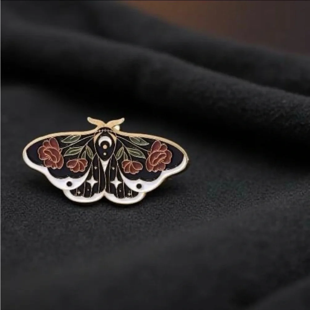 Black Red & Gold Moth Enamel Pin Brooch All Seasons Occasion Cottagecore Gothic